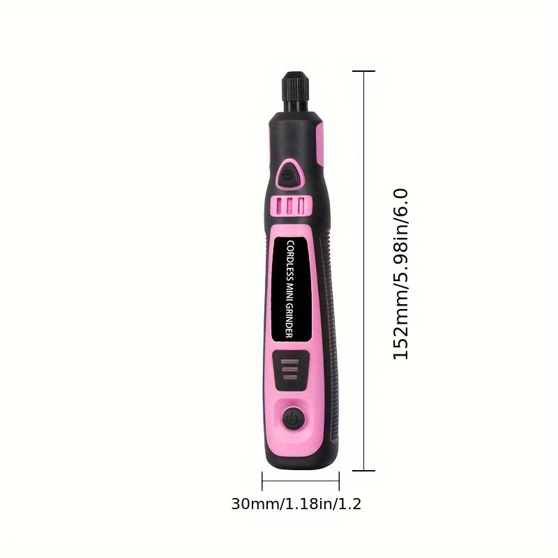 Cordless mini electric grinder set in pink with 3-speed rotary tool kit, rechargeable lithium battery. Portable machine for polishing, carving, engraving, and drilling on jade, wax, and