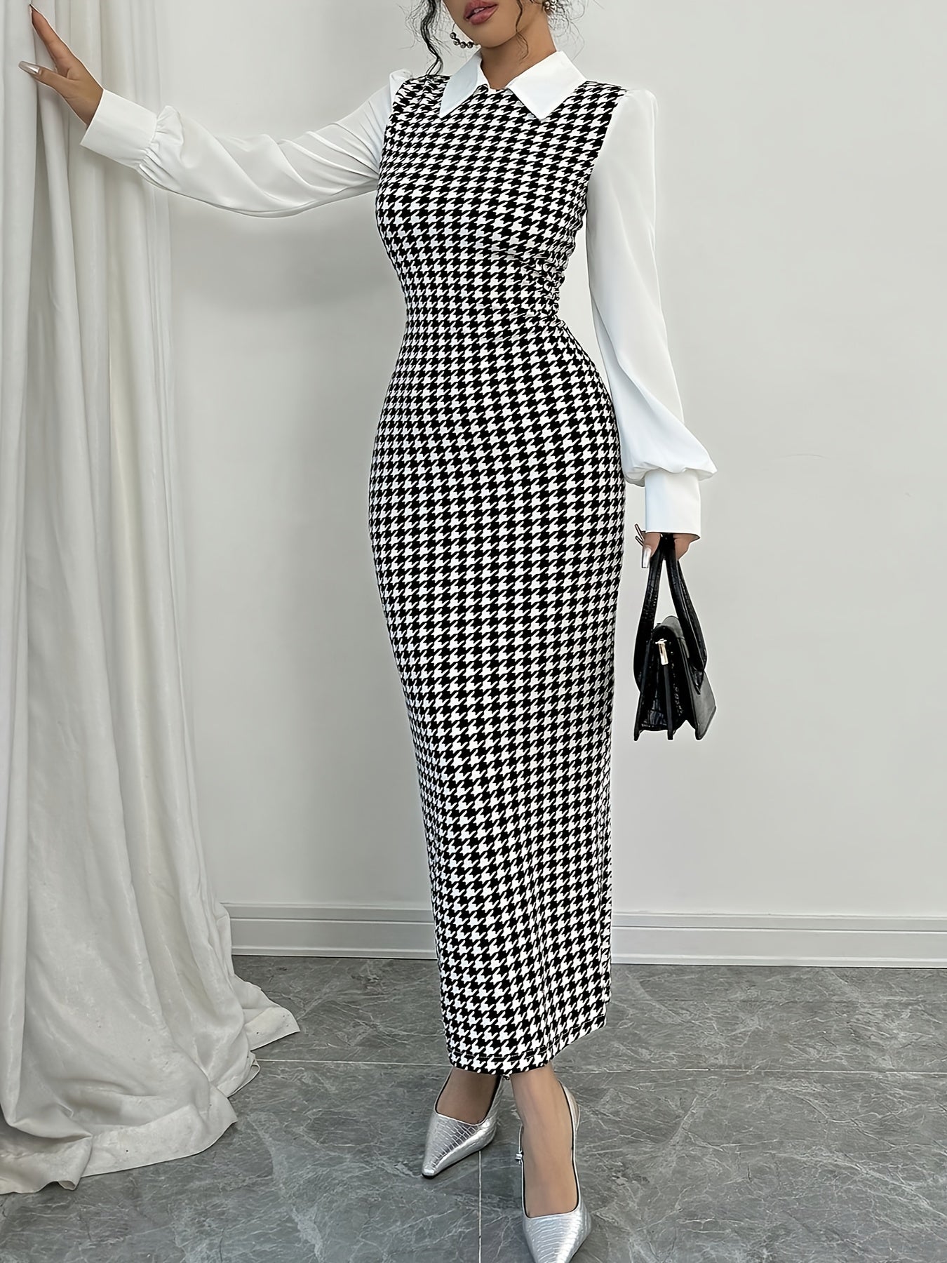 Elegant houndstooth bodycon dress for women, stand collar, long sleeve, slim fit midi dress made of knit polyester for fall/winter fashion.