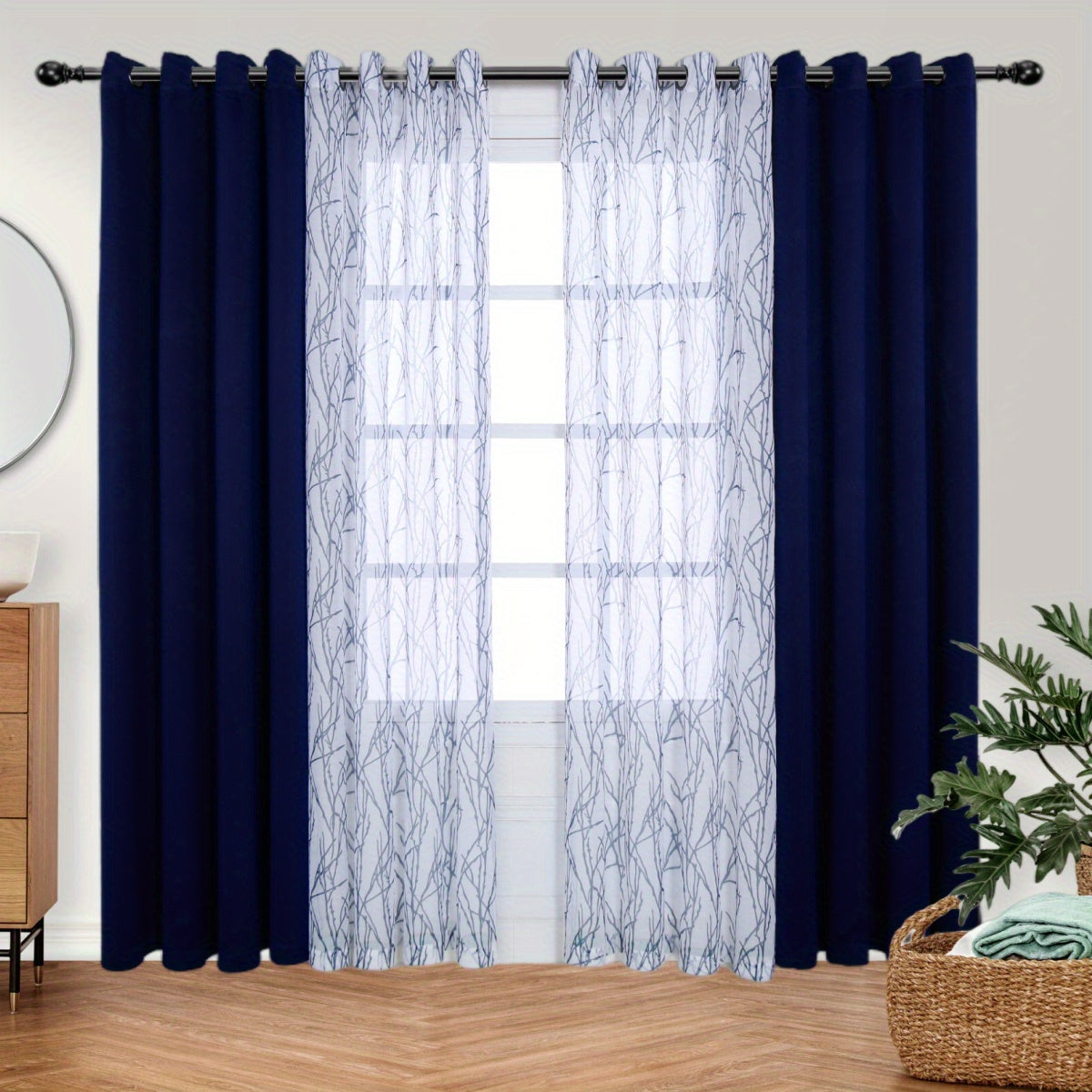 Pair of Curtains for Bedroom or Living Room - Includes 1 Sheer Branch Print Curtain and 1 Blackout Curtain, Grommet Style, 54x84 Inch Each, Dark Gray, Set of 2 Panels