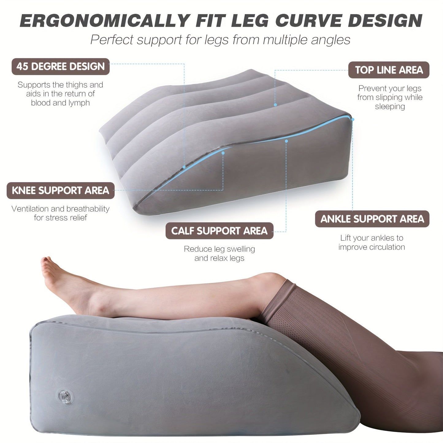 Elevate your legs with the Inflatable Leg Elevation Pillow to improve circulation and reduce swelling. This pillow is stain-resistant, with a medium soft firmness and non-textile cover. Ideal for post-surgery recovery, knee, and back pain relief. Spot