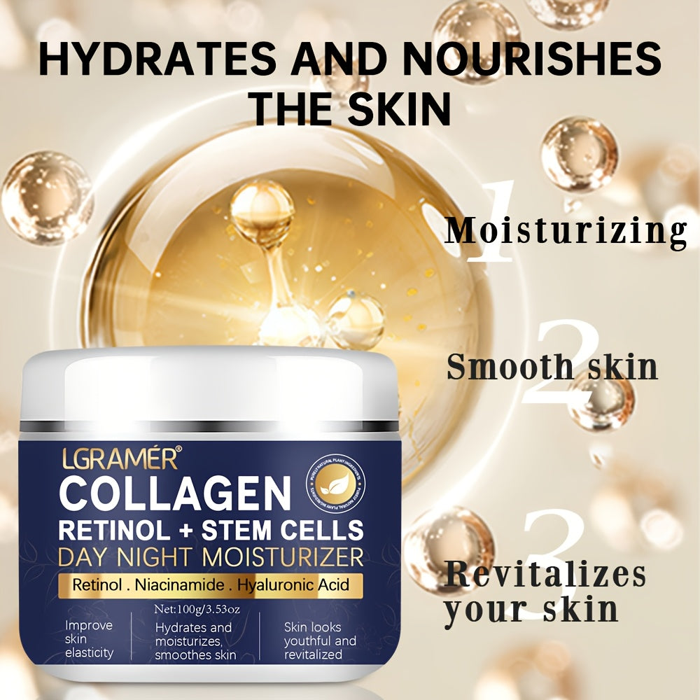 LGRAMER 60g/100g Collagen Retinol + Stem Cells Moisturizer, Day & Night Cream with Glycerin, Hypoallergenic for All Skin Types, Unisex-Adult, Revitalizes & Smooths Skin