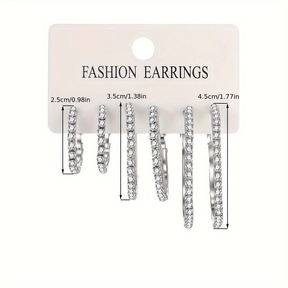 Set of 6 Elegant Hoop Earrings with Sparkling Rhinestones, Made of Zinc Alloy & Stainless Steel, Unplated - Stylish Jewelry for Women to Wear on Vacations or Daily