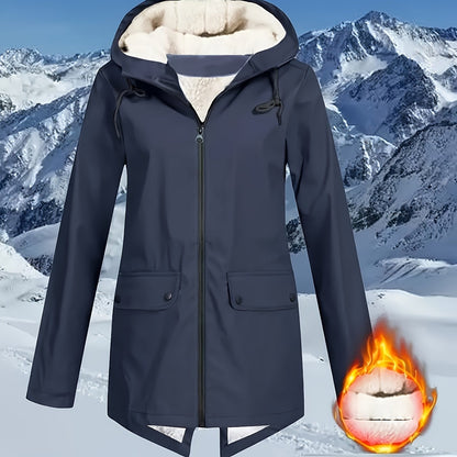 Women's plus size solid zip front warm coat with hooded long sleeves for fall and winter.