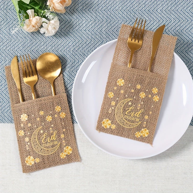 5 Eid Mubarak Burlap Gift Bags with Moon, Lantern & Star Designs for Ramadan Kareem Party Supplies and Islamic Muslim Home Decor. Made of Durable Linen Material with an Elegant Burlap