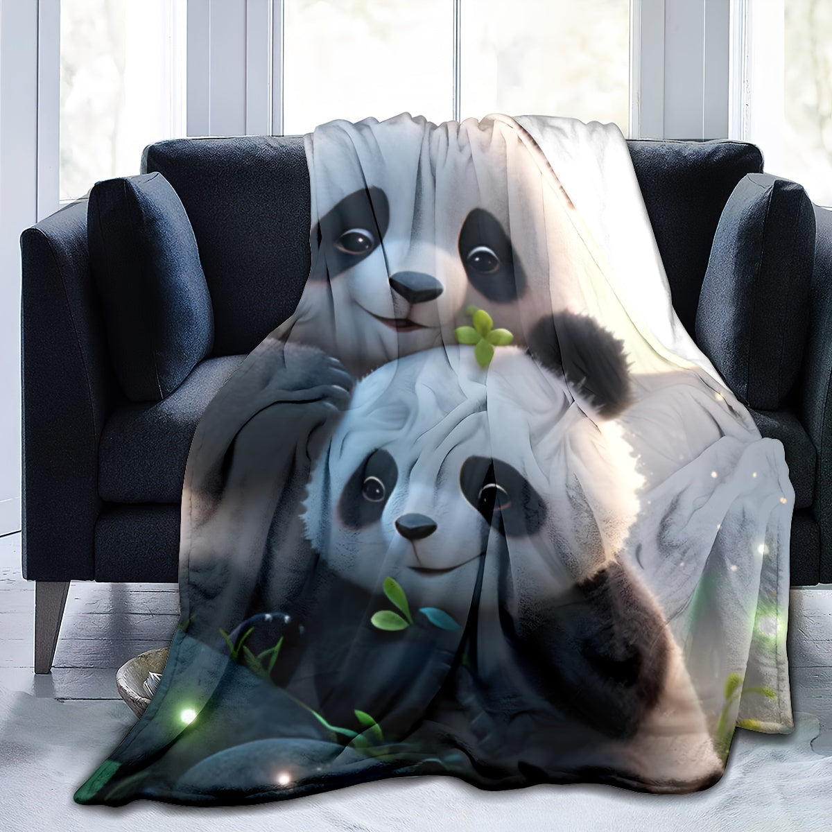 Soft and cozy panda print flannel throw blanket that is warm and versatile for use on the couch, bed, office, or camping. Features a stylish blue color.