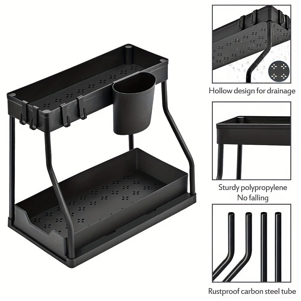 Introducing the Expandable Under Sink Organizer - a 2 Tier Pull-Out Storage Rack with Hooks and Hanging Cup. This multifunctional shelving unit is adjustable and perfect for the kitchen and bathroom. Say goodbye to clutter and hello to organized living