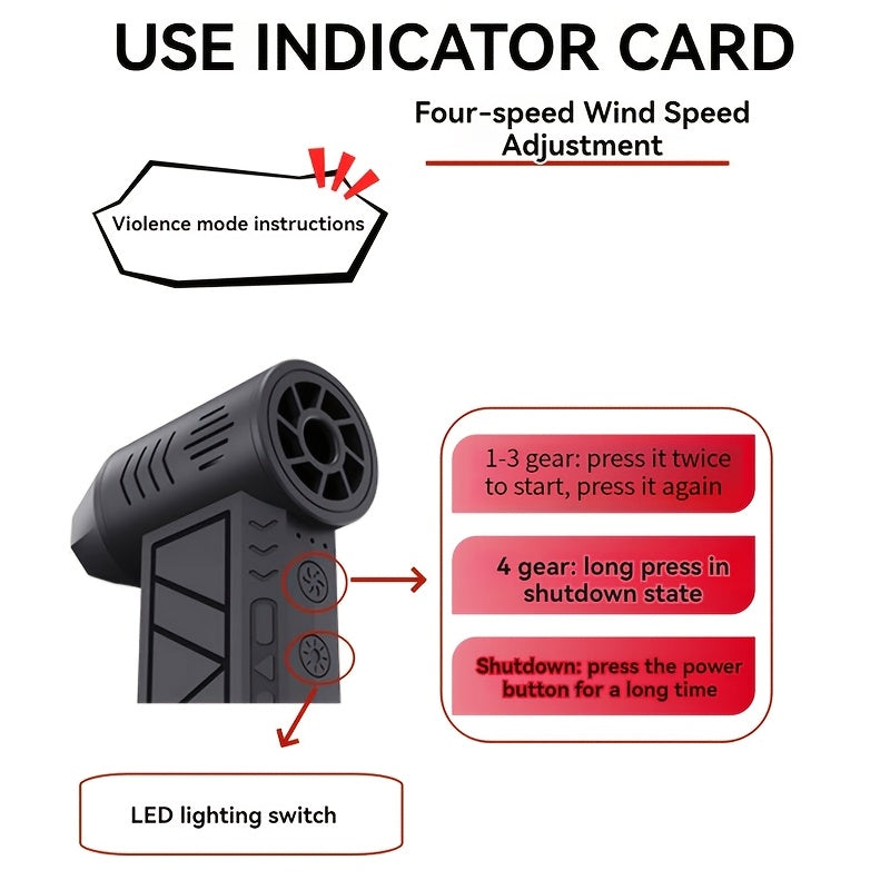 Compact turbo jet air blower in black with 130000 RPM, equipped with lighting function for various tasks like car drying, cleaning, camping, and BBQ ignition.