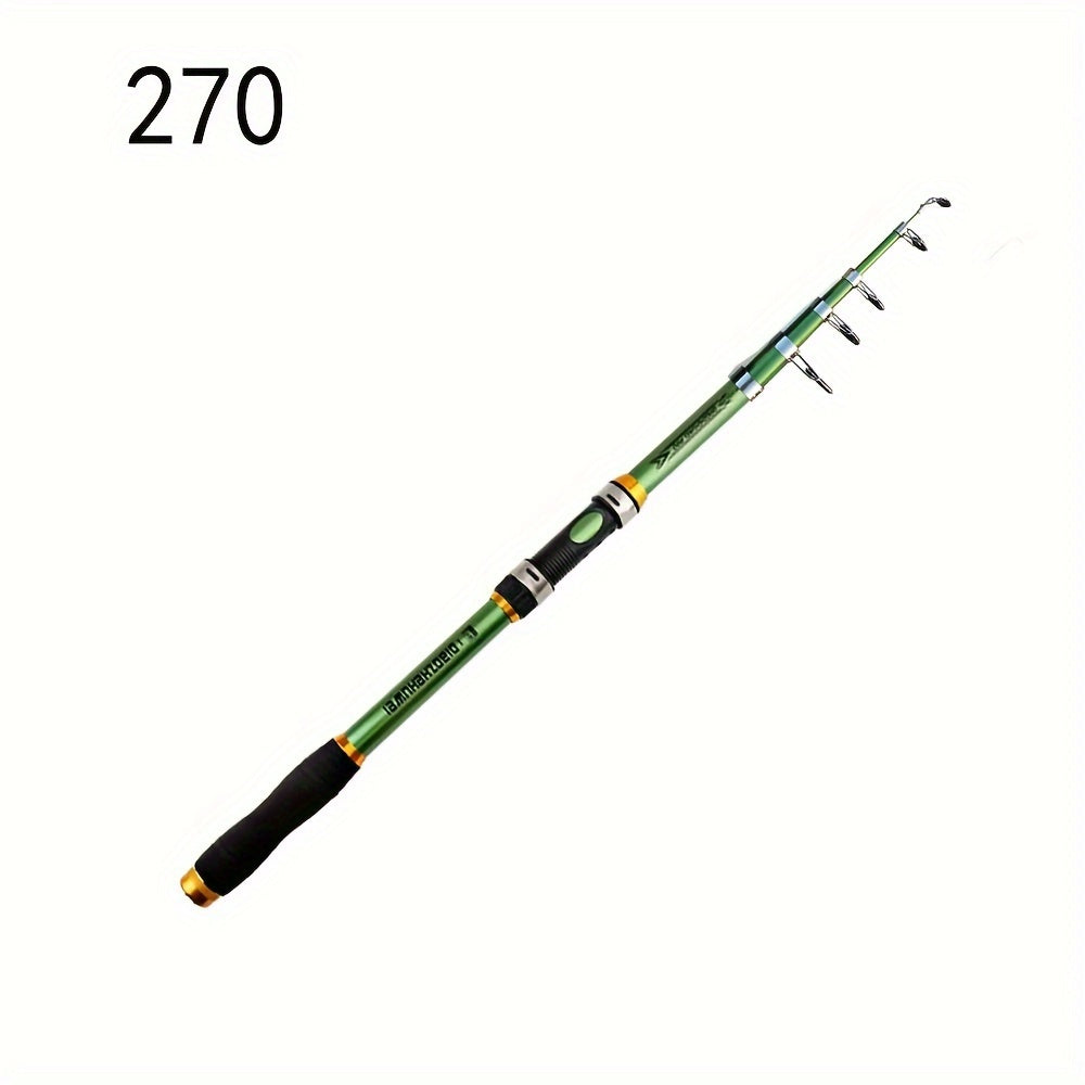 Telescopic fishing rod made of carbon fiber and FRP, 30-70cm extendable with green and black design. Features comfort foam handle and durable ceramic and stainless steel reel seat. Ideal