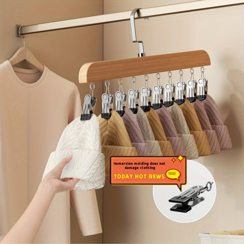 Wooden hanger and hat rack with 10 stainless steel clips for organizing underwear, ties, bras, scarves, belts, and more in the bathroom, bedroom, closet, wardrobe, or home storage.