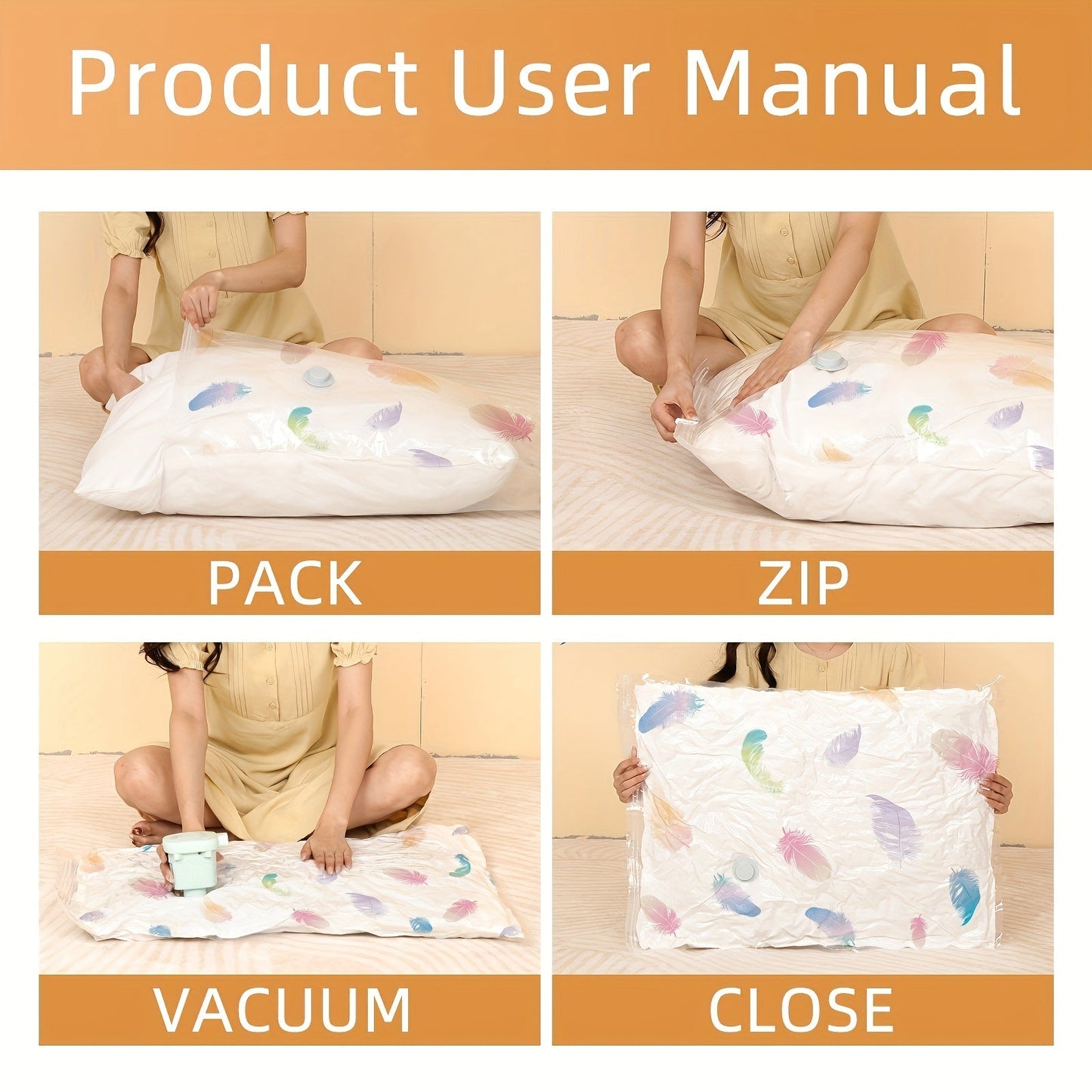 Vacuum Storage Bag Set with Feather Print - 3 Pieces, Travel-Friendly Clothes Bag for Blankets, Bedding, Quilts, Duvets, Great for Home Organization and Saving Space