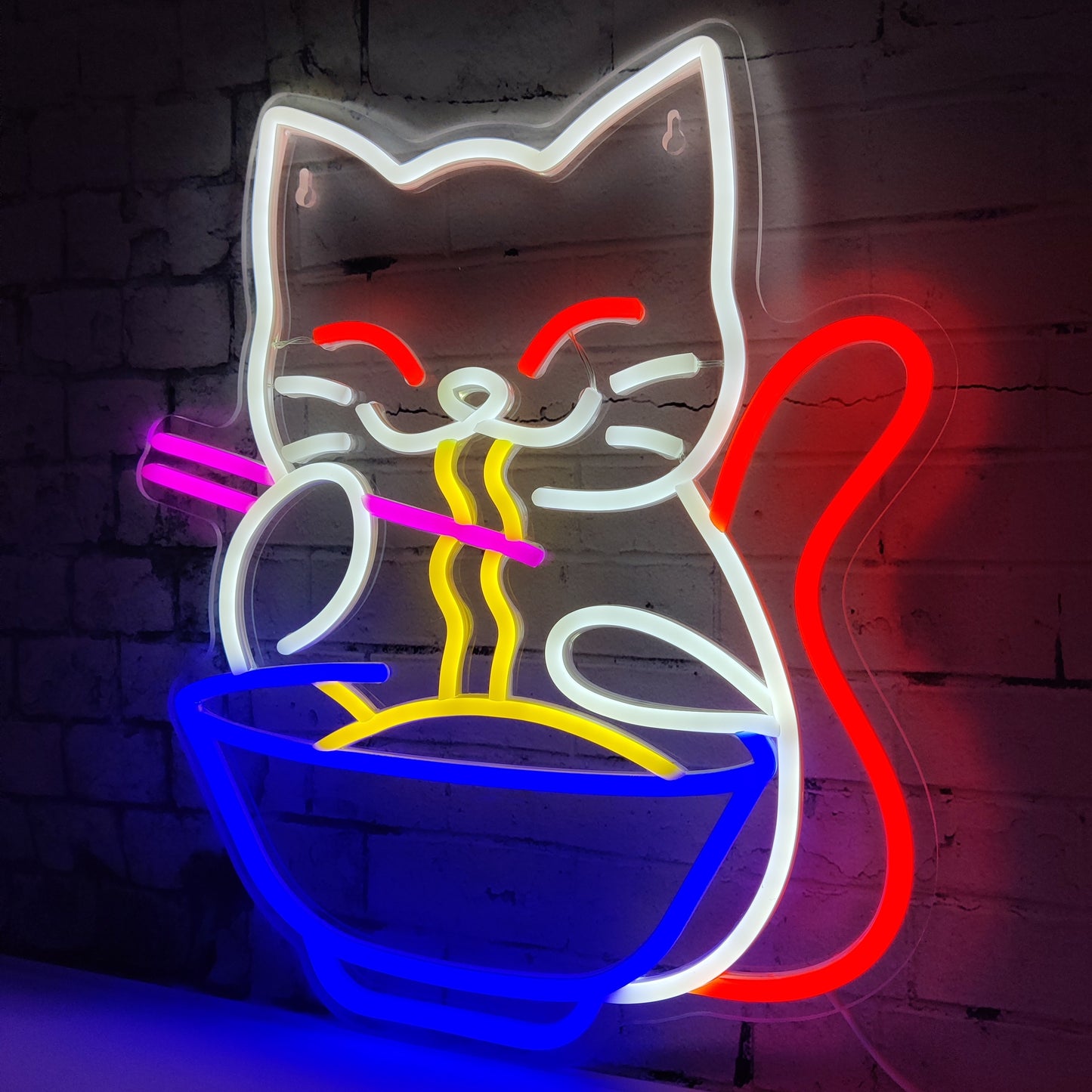 Japanese Lucky Cat Eating Ramen Neon Sign Light for Home Decoration, USB Powered.