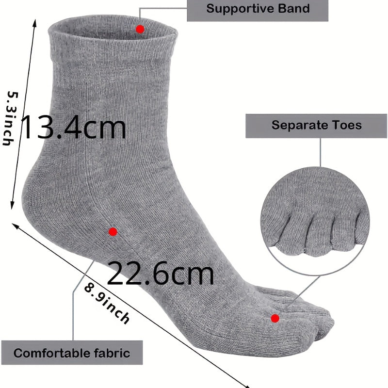 5 or 10 pairs of men's solid color mid-tube five-finger socks, breathable split toe socks.