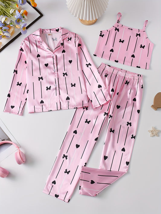 New three-piece set for girls with heart-shaped bow and striped floral print, includes comfy collared top and long pants for casual home wear.