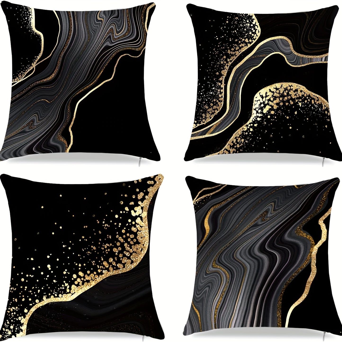 Set of 4 black and golden throw pillow covers in various sizes for accenting couch cushions and home decor.