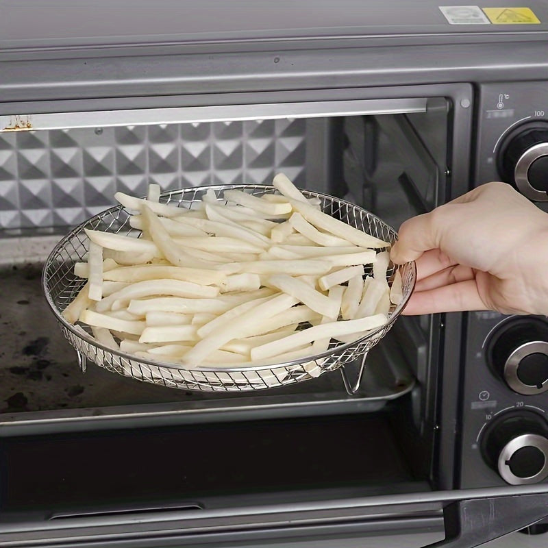 Accessory kit for air fryer made of stainless steel - includes circular grill, steam rack, dehydration stand, BBQ basket, and overflow filter.