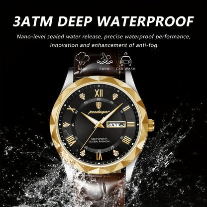 Men's casual waterproof luminous dual calendar quartz watch with round alloy case, PU leather strap, analog display, and 3ATM dive resistance.