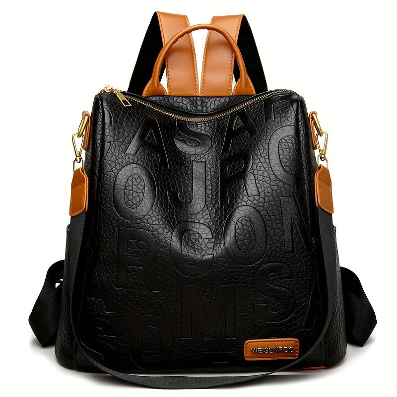 Black women's backpack with large capacity, adjustable straps, crocodile texture, and foldable design - ideal for commuting or travel.