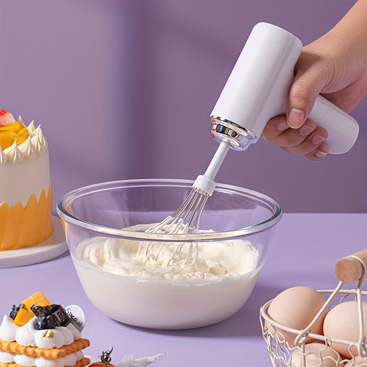 Battery-powered hand mixer with stainless steel whisk, 1050 RPM motor, and 800mAh rechargeable lithium battery, ideal for baking and cooking.