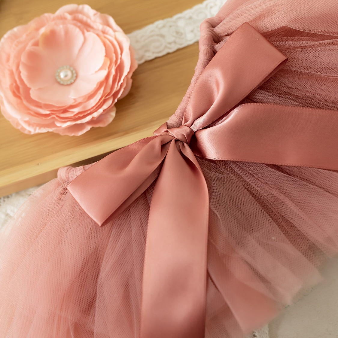 Newborn Girls' Ballet Skirt and Headband Set in Rose Gold Tulle - Featuring Floral Hairband and Fluffy Tutu for Photo Shoots and Special Occasions - Perfect Infant Ballet Costume Gift Set