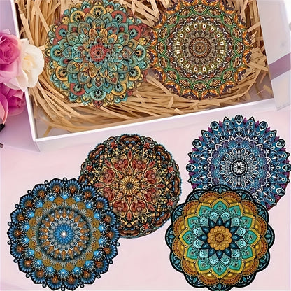 6-piece mandala flower wooden coaster set with hand washable, heat-resistant, non-slip design for drinks. Perfect for Christmas, home and office décor, and theme parties.