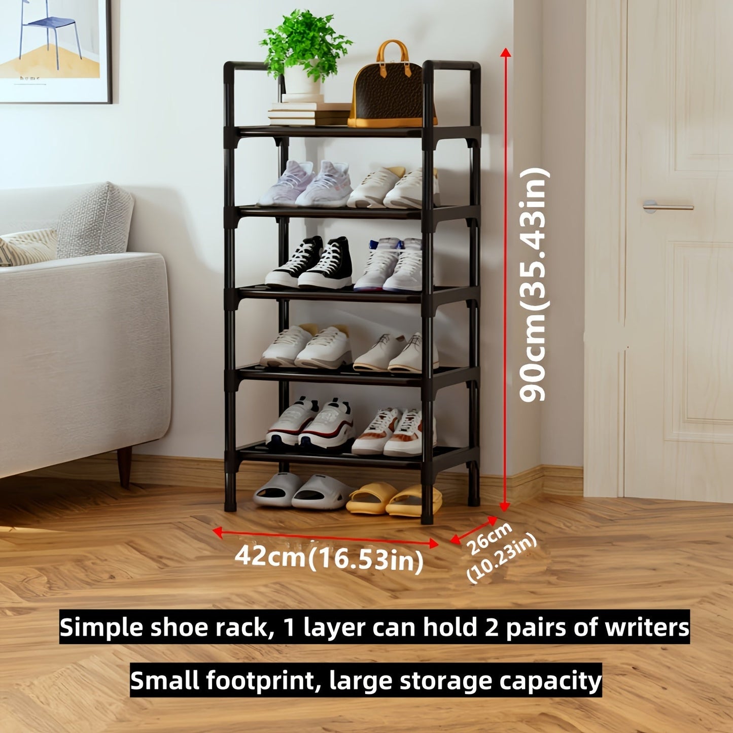 Adjustable 1 to 5 Tier Shoe Rack made of Metal & Plastic, Standalone Organizer for Bedroom, Hallway, Bathroom, Office - Iron Finish Floor Mount Storage Shelf.