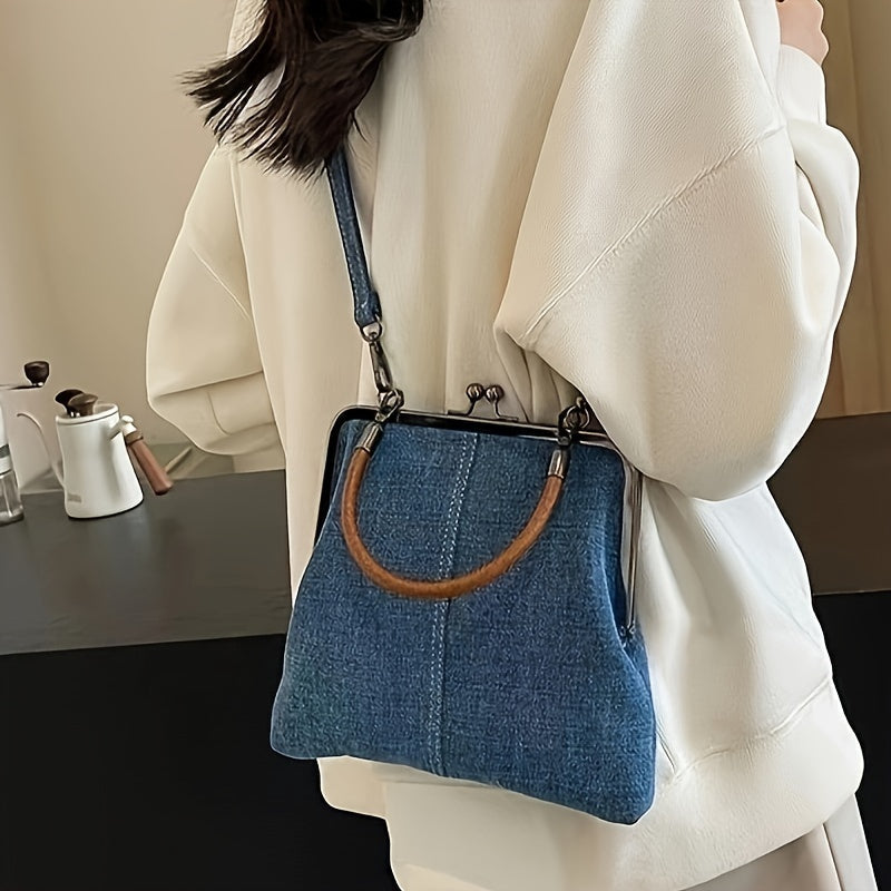 Handcrafted Denim Crossbody Bag for Women with Clasp Closure and Wooden Handle, Handmade Jeans Purse that Folds, Tassel Accents in Solid Blue, Polyester Lining, Painted Edges - Stylish Artisan Messenger Bag Ideal for Festive Gifts