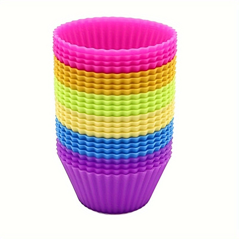 Reusable non-stick silicone baking cups for muffins and cupcakes, sold in packs of 12 or 24.