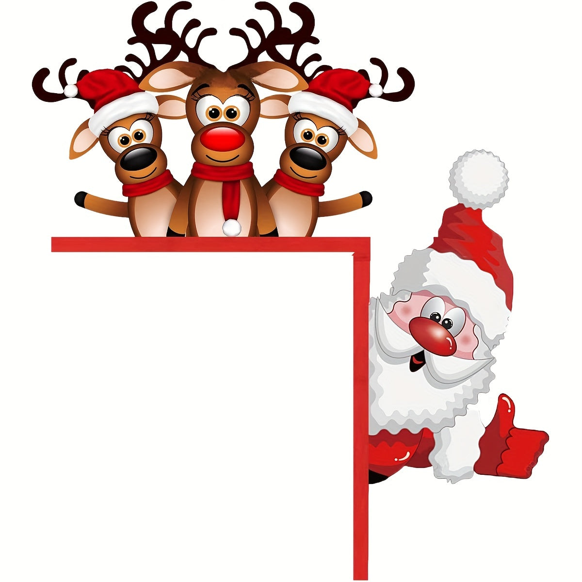 Santa and Reindeer Christmas Door Corner Sign - Wooden Sculpture for Indoor and Outdoor Décor.