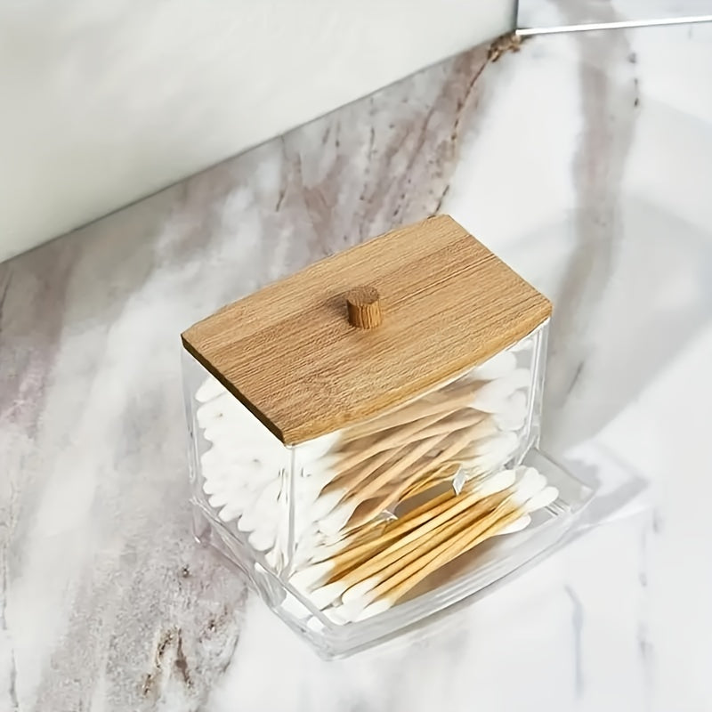 Set of 2 modern plastic swab dispensers with bamboo lids, perfect for organizing makeup sponges and rounds in your home. Great for home storage and organization.