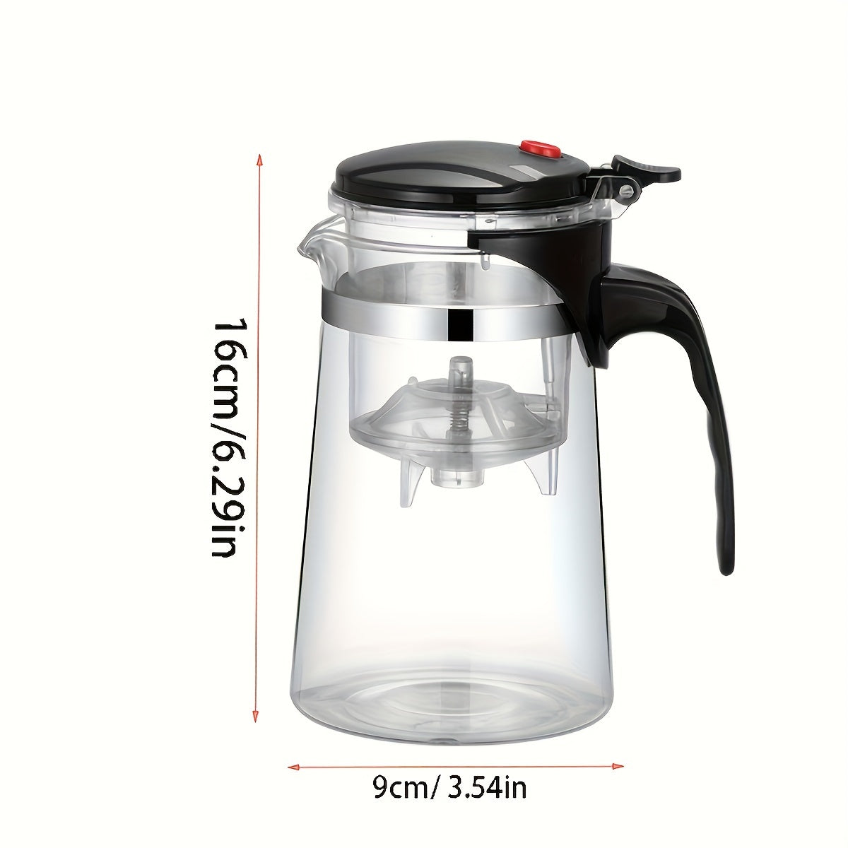 Elegant glass teapot with easy one-button infuser, perfect for loose leaf and blooming tea in home, office, or restaurant.