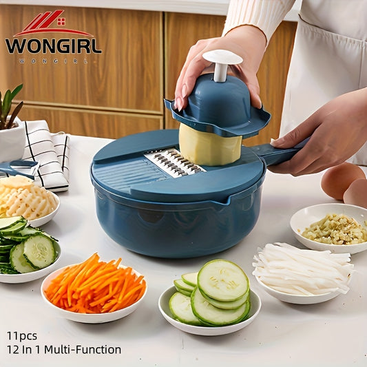 Multi-functional vegetable chopper for cutting, shredding, slicing, and grating vegetables in a hotel or commercial setting.