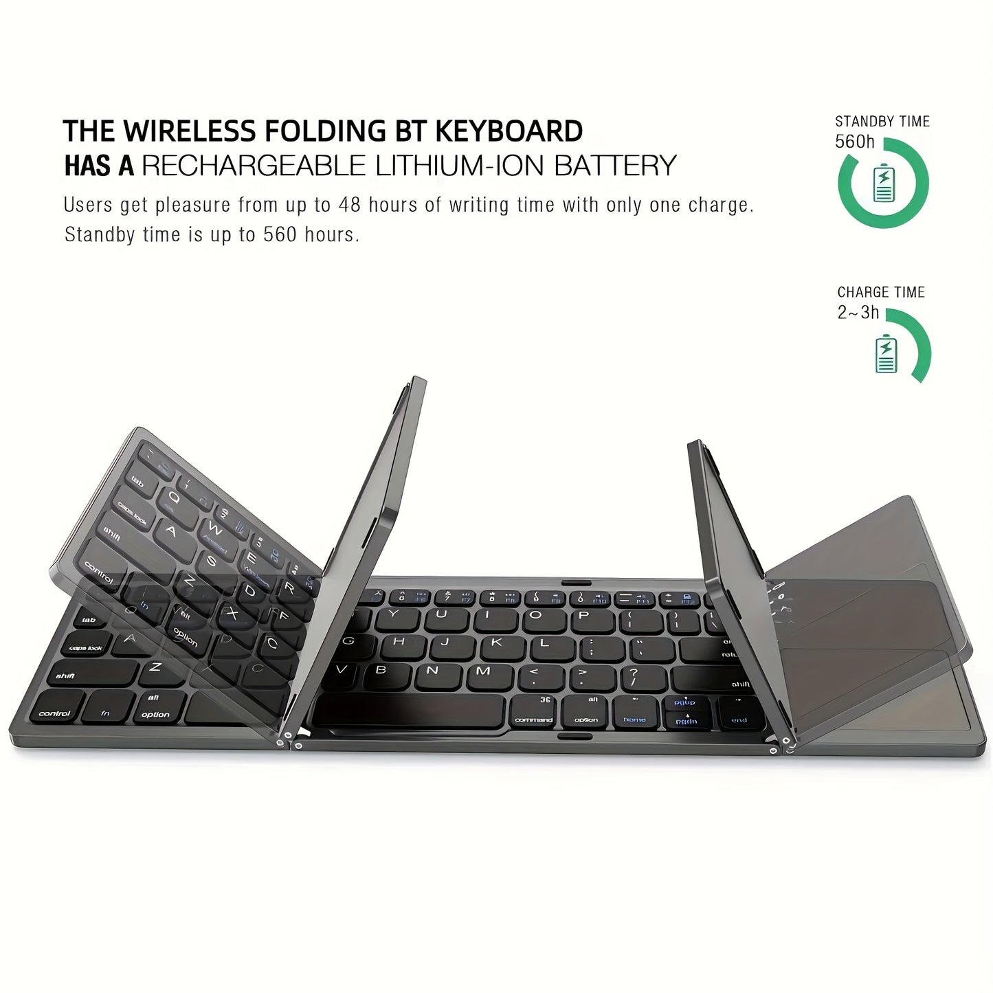 Foldable wireless keyboard for computers, offices, and travel.