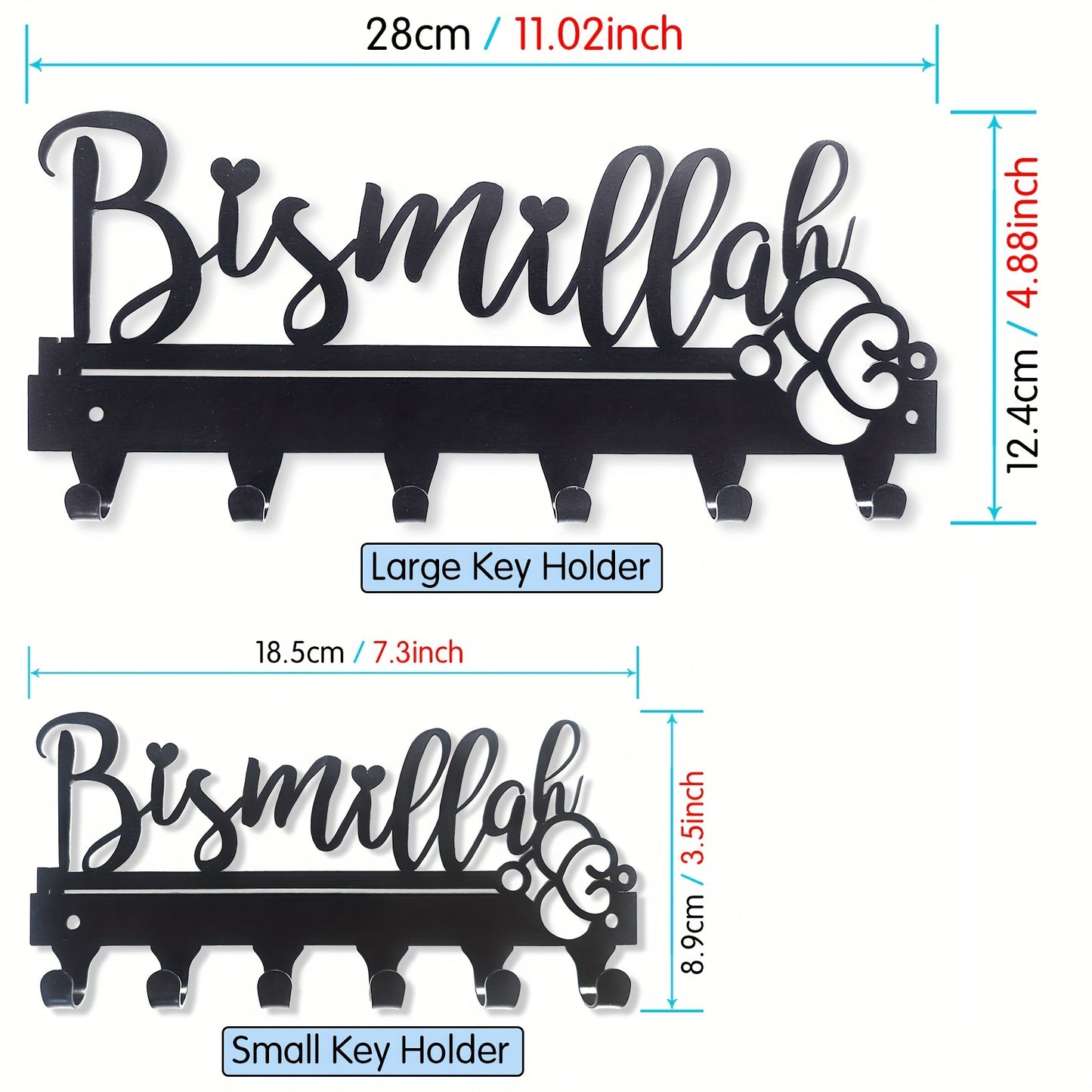 1-pc Bismillah Metal Key Holder: Black decorative wall-mounted key organizer for entryway and kitchen. Wall decor with key hooks, ideal for home and kitchen storage. Wall-mounted version