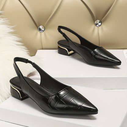 Low heel slingback shoes with pointed toe and elastic strap, suitable for work office.