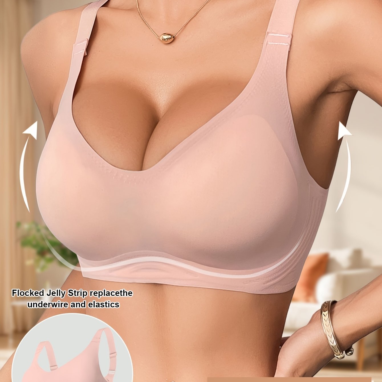 Women's wireless bra with full coverage, polyamide 85% elastane 15%, solid color knit fabric, removable pads for everyday comfort.