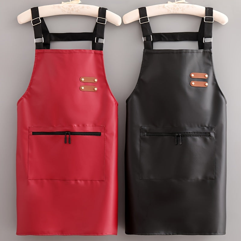 Single piece of imitation leather apron with adjustable straps, solid color, suitable for household use by chefs, waiters, barbecuers, and hairdressers. Includes pockets for adults.