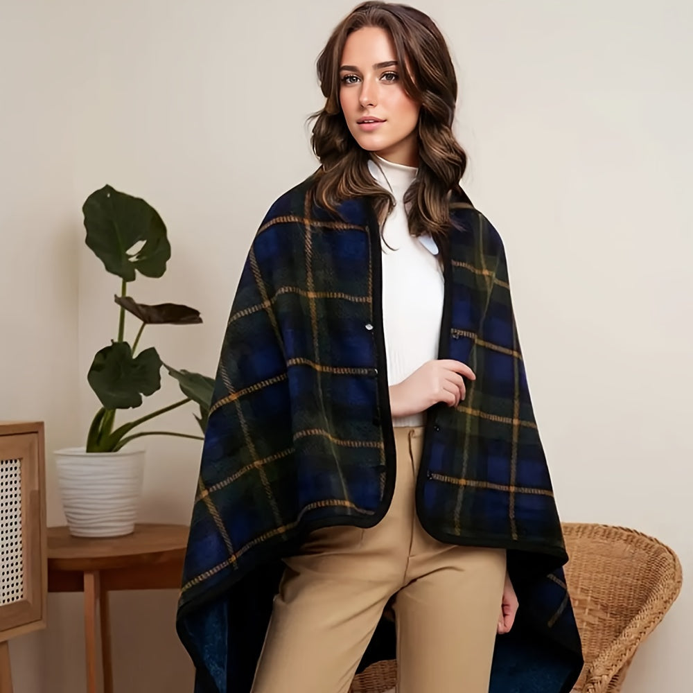 One piece versatile shawl blanket featuring a double layer of thick, plaid patterned polar fleece ideal for autumn and winter. Perfect for office use, this wearable blanket with legs is great for lounging on the couch or sofa.