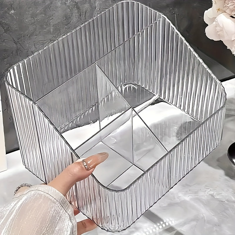 Clear acrylic makeup organizer with dividers for portable and adjustable cosmetic storage - perfect for lipstick, eyeshadow, powder, and vanity accessories. Ribbed texture and sleek design