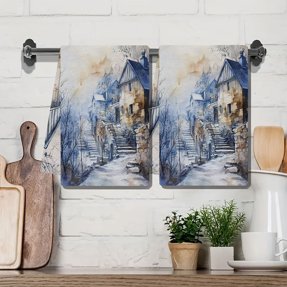 Two pieces of ultra-soft kitchen towels featuring a serene winter scene acrylic painting design. These highly absorbent and machine washable dish hand towels measure 40.64x60.96 cm, making them perfect for holiday decor and drying dishes.