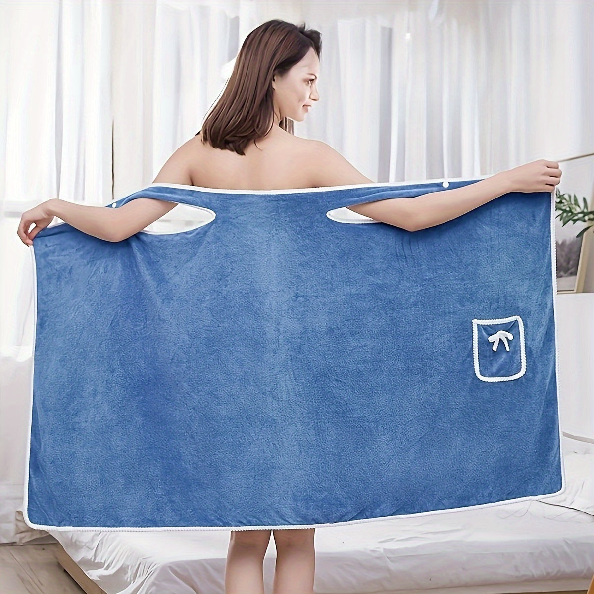 Soft, absorbent women's shower wrap with pockets, ideal for home and salons, in modern purple design.