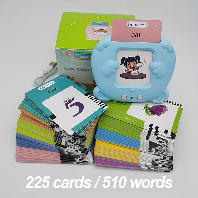 224 out of 510 words describe the Youngsters Talking Flash Card Reader. This product includes 112 double-sided cards in both blue and pink colors. It is rechargeable and serves as an educational interactive toy for children aged 3 and up. The Learning