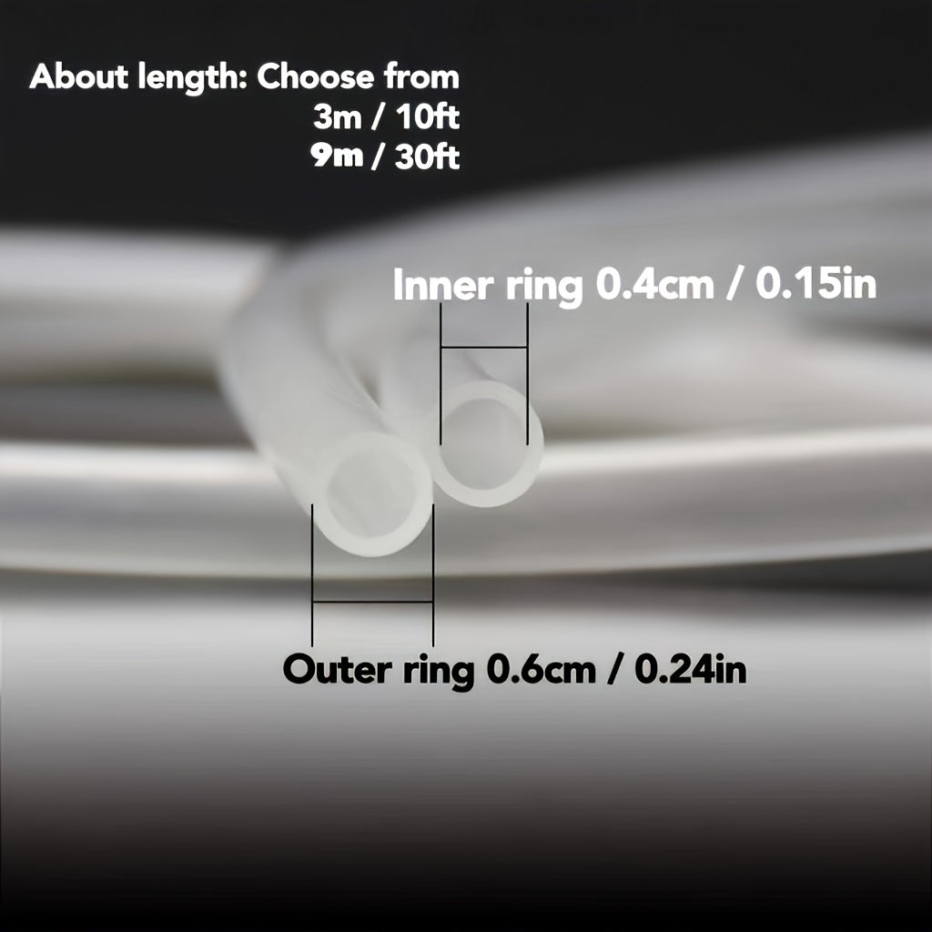 Translucent silicone aquarium hose, available in 10' or 30' lengths.