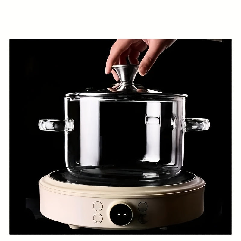 1 piece Borosilicate Glass Slow Cooker Pot with Stainless Steel Finish, stove-top compatible. This no-power kitchen gadget is a transparent cooking pot perfect for household kitchen use.