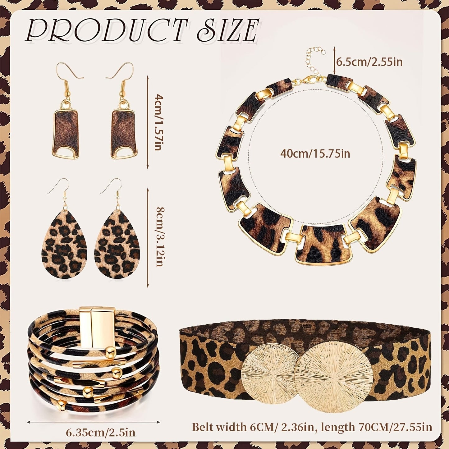 Set of 5 Leopard Print Jewelry Pieces for Women - Stylish Plastic Accessories with Tassel Necklace, Earrings, Bracelet, Clutch Purse - Perfect for Everyday and Travel Outfits