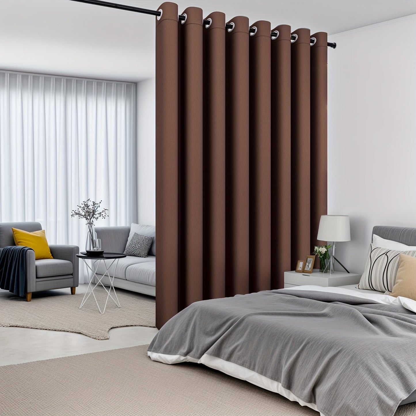 Modern Blackout Privacy Room Divider Curtain features UV protection and water-resistant polyester material with a grommet top for easy hanging. It is machine washable and suitable for all seasons, perfect for use in the living room or bedroom.