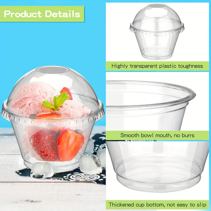 30 clear plastic dessert cups with dome lids for ice cream, pudding, cupcakes, and snacks. Disposable, recyclable, perfect for parties, weddings, picnics, and dessert displays.