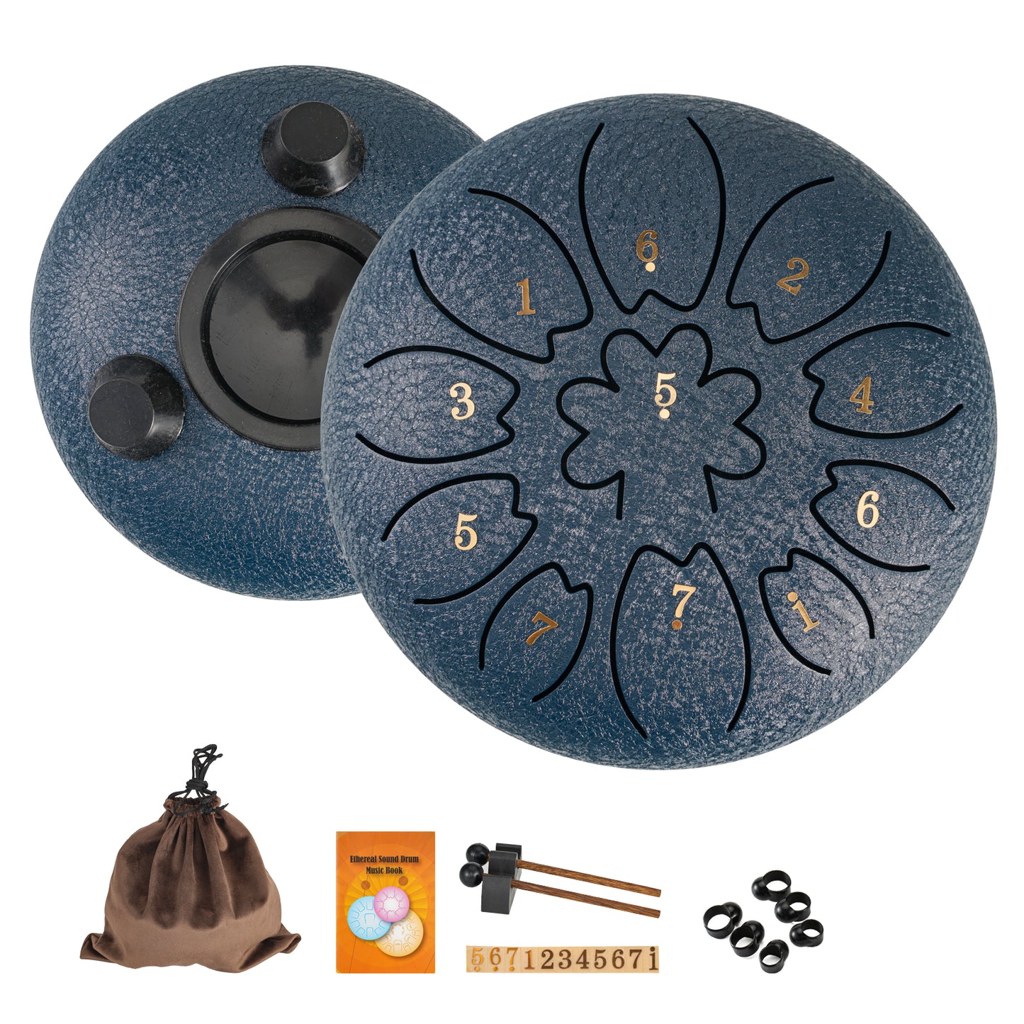 6 inch 11-note steel tongue drum in C major with bag, mallets, and music book. Suitable for music education, concerts, spiritual healing, yoga meditation, and entertainment.