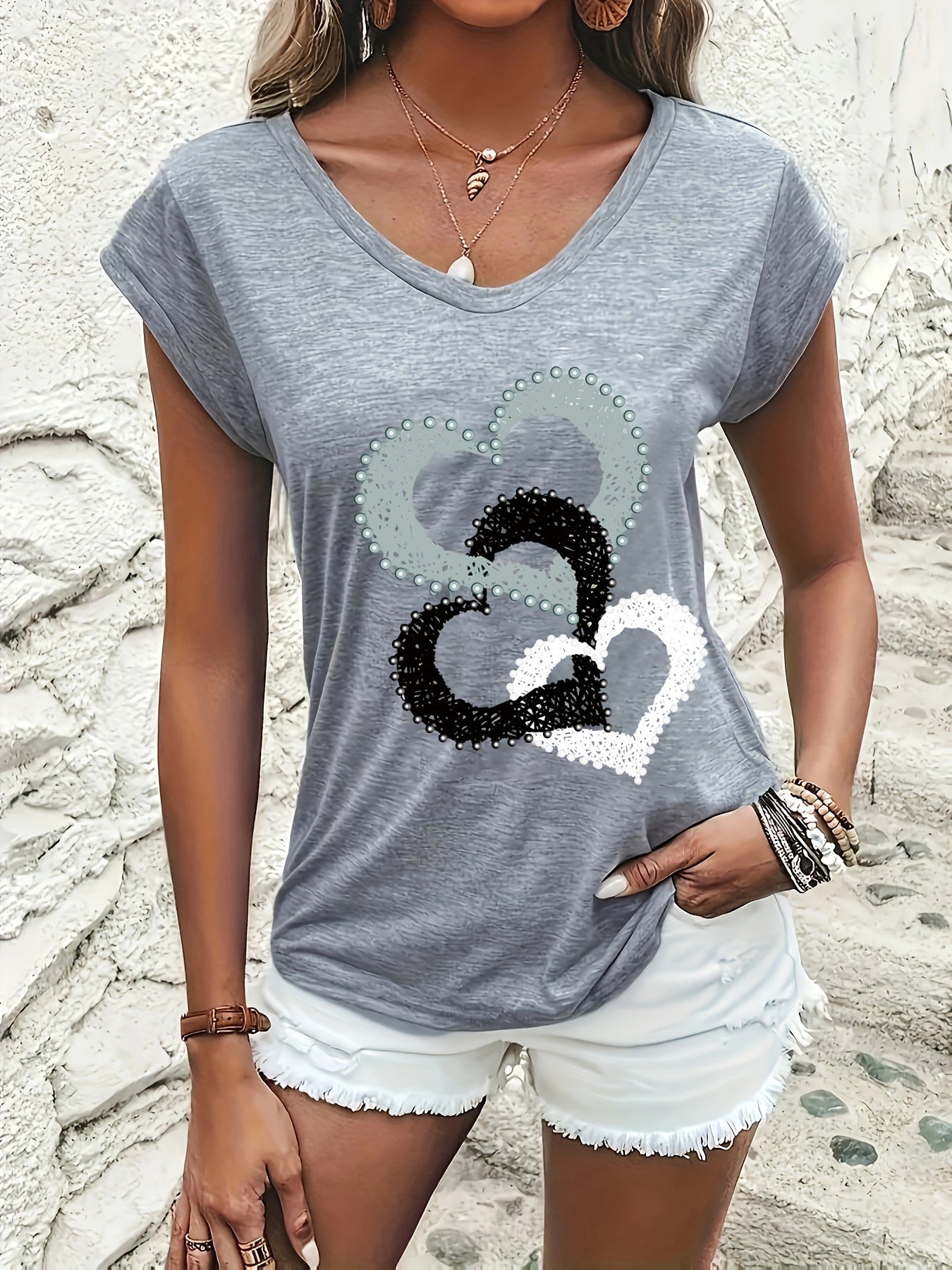 Women's V-Neck T-Shirt - Casual Cap Sleeve, Breathable Polyester, Ideal for Spring/Summer/Fall