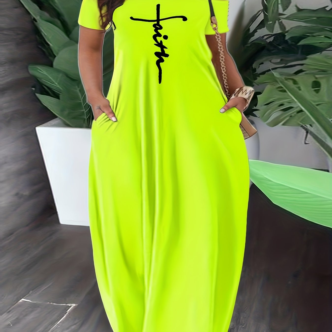 Off-shoulder maxi dress with pockets for plus-size women, featuring a cross letter print.