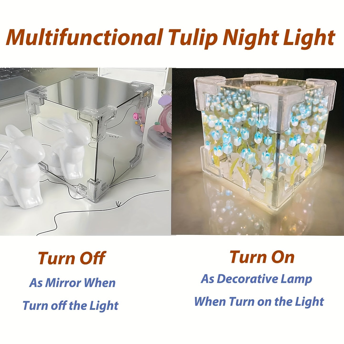 LED Tulip Night Light DIY Cube Table Lamp for Bedroom Decor, Handmade Glass with Shade, Battery Powered.